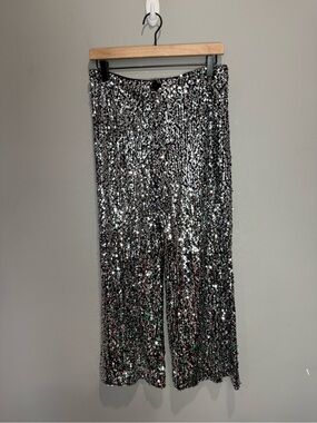 Maeve by Anthropologie The Colette Silver Sequin Wide-Leg Pants Size 28